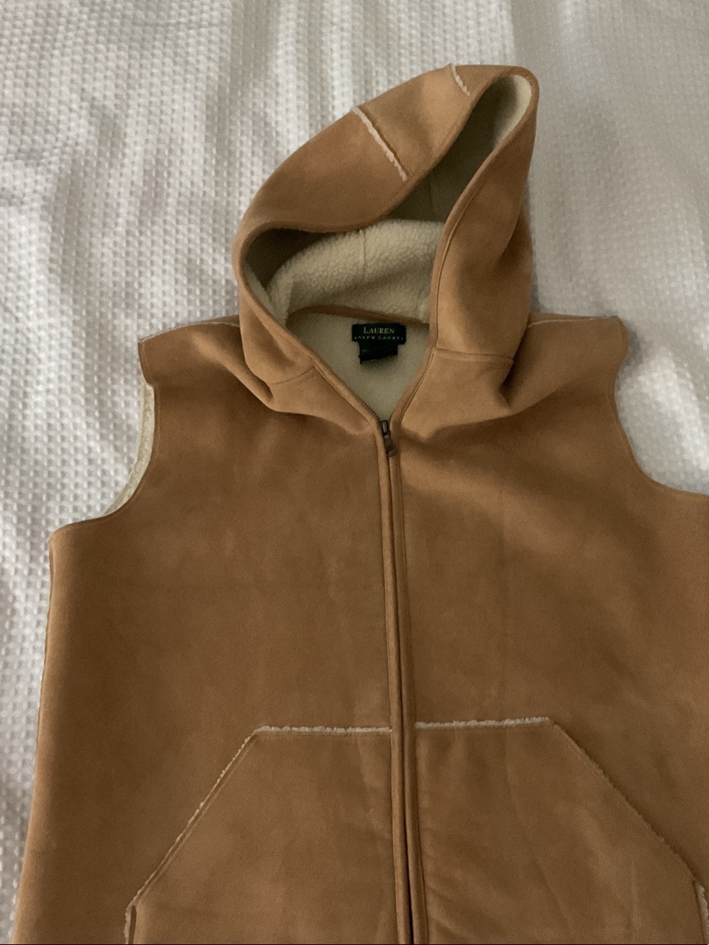 Lauren Ralph Lauren Tan Shearling-Lined Hooded Vest. EUC